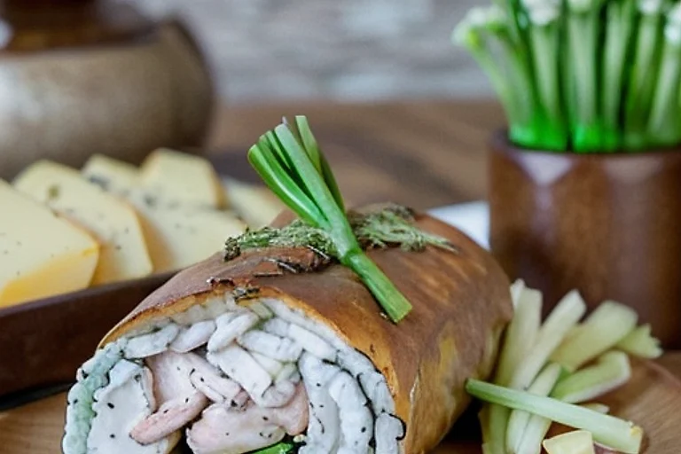 Куриный рулет с сыром и зелёным луком
