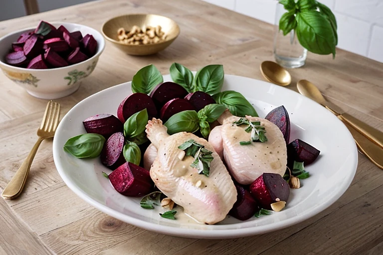 Тушёная свекла с курицей и грецкими орехами