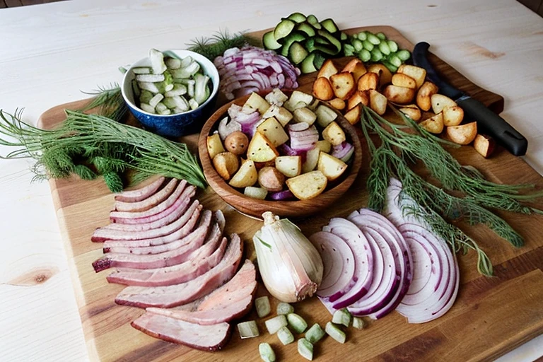 Тёплый салат с запечённым картофелем и копчёными колбасками