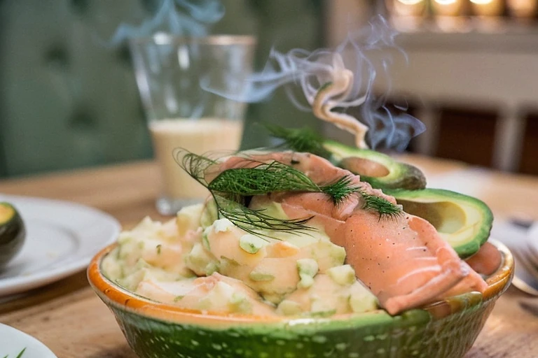 Картофельное пюре с копчёной рыбой и авокадо