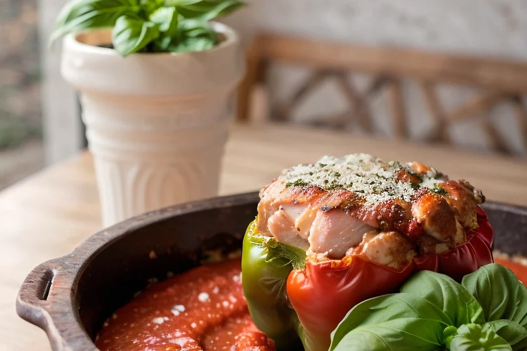 Фаршированные перцы с баклажанами и куриной грудкой